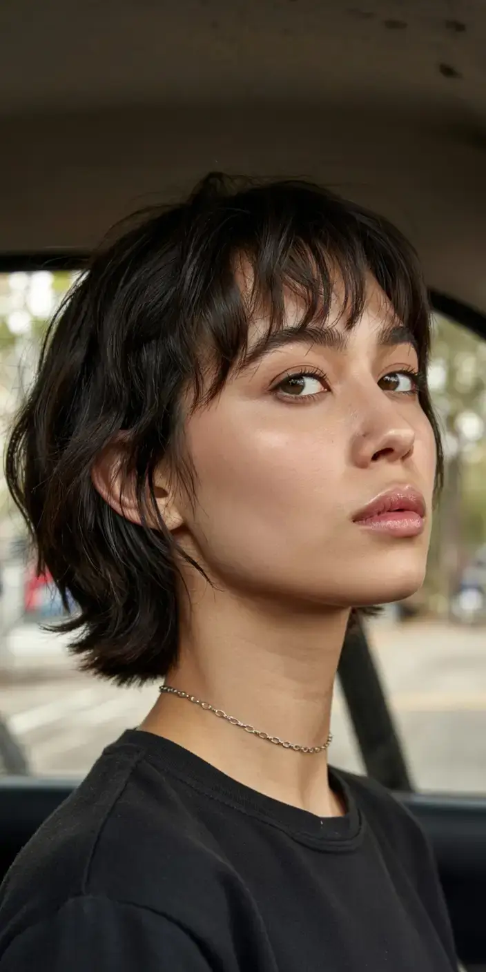 Short Haircuts Ideas 2026 Undone Grit with Baby Bangs and Street Vibe