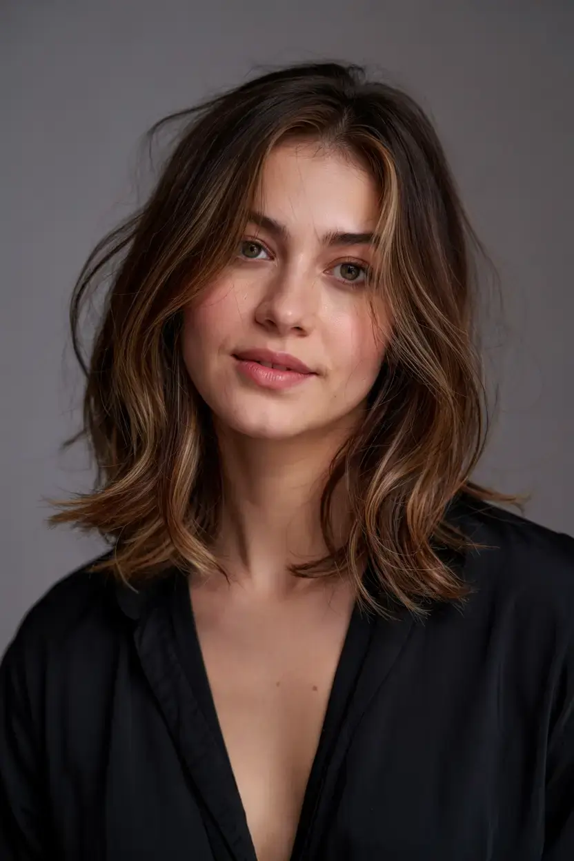 Short Haircuts Ideas 2026 Mid-Wave Lob with Warm Honey Strokes