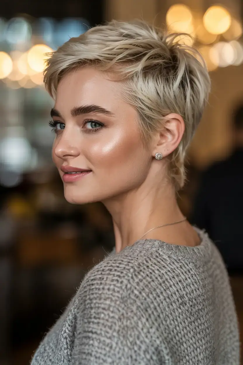 Short Haircuts Ideas 2026 Platinum Razor Pixie with Textured Crown