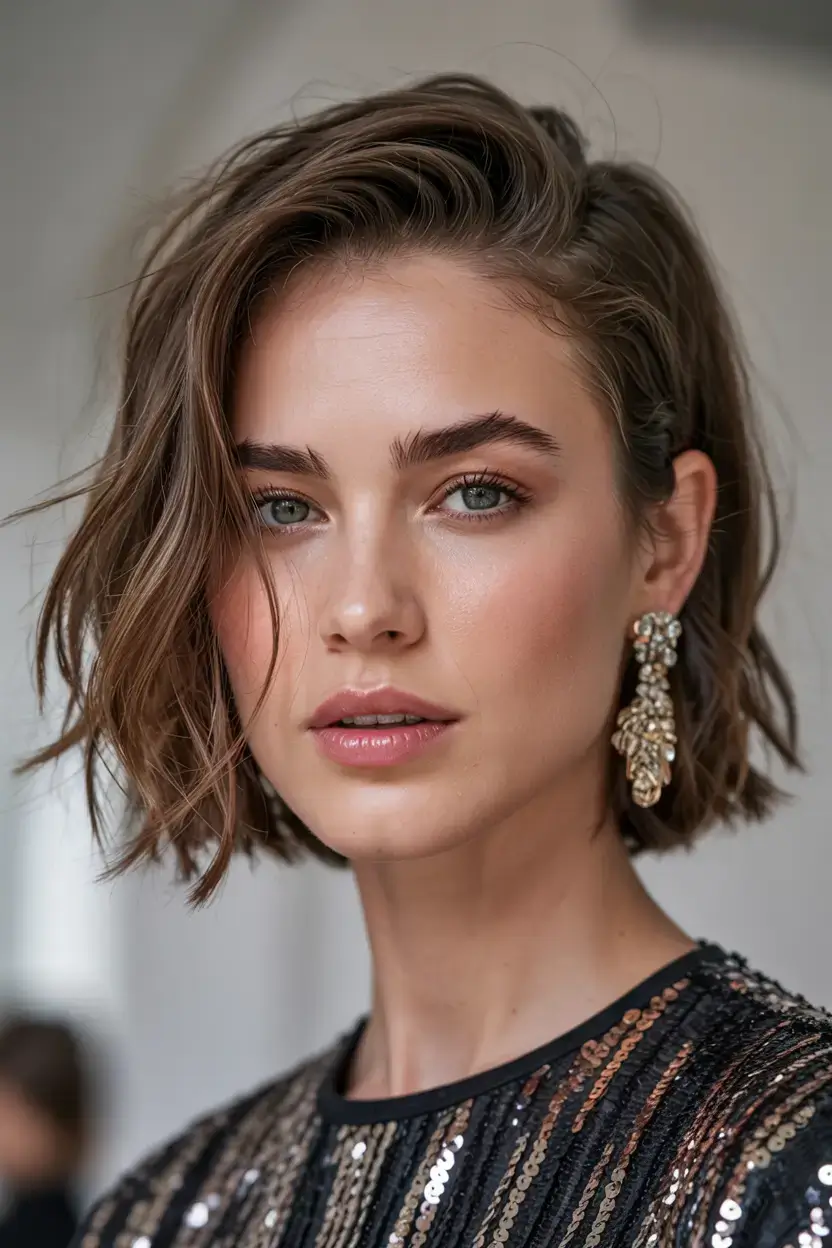 Short Haircuts Ideas 2026 Swept-Back Textured Bob with Side Drama