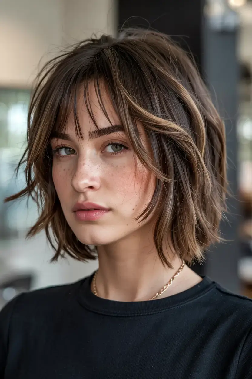 Short Haircuts Ideas 2026 Textured Bob with Shadow Bangs and Subtle Highlights