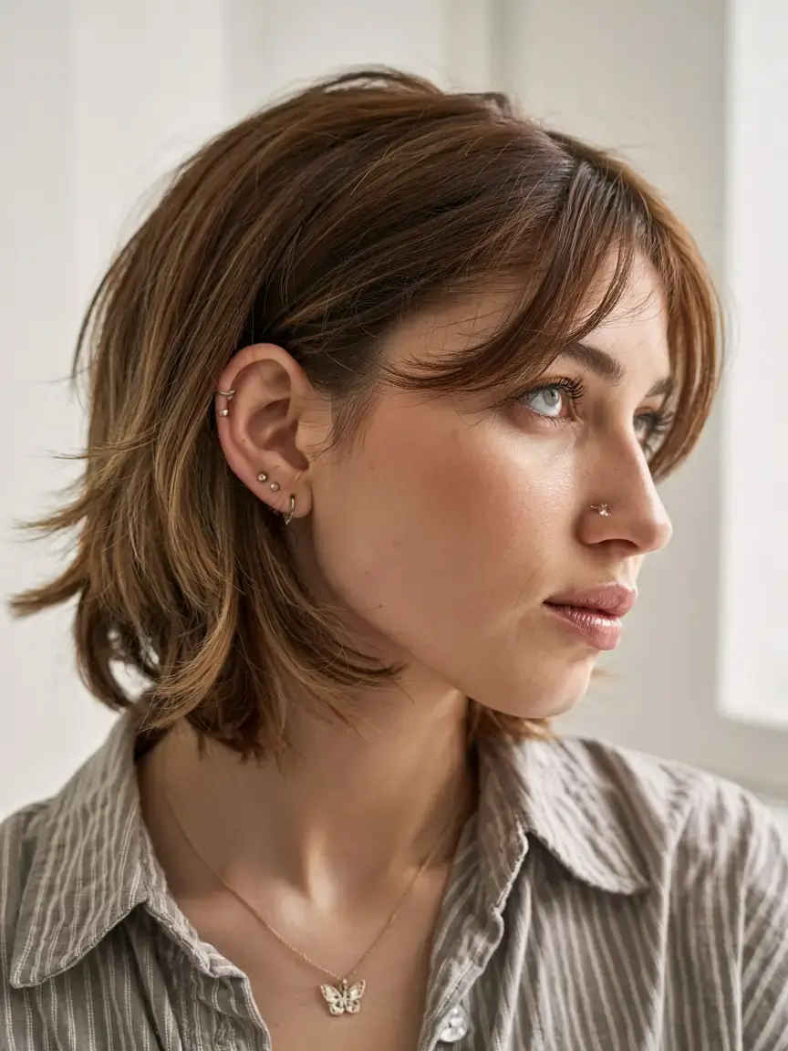 Short Haircuts Ideas 2026 Layered Shaggy Bob with Bottleneck Bangs