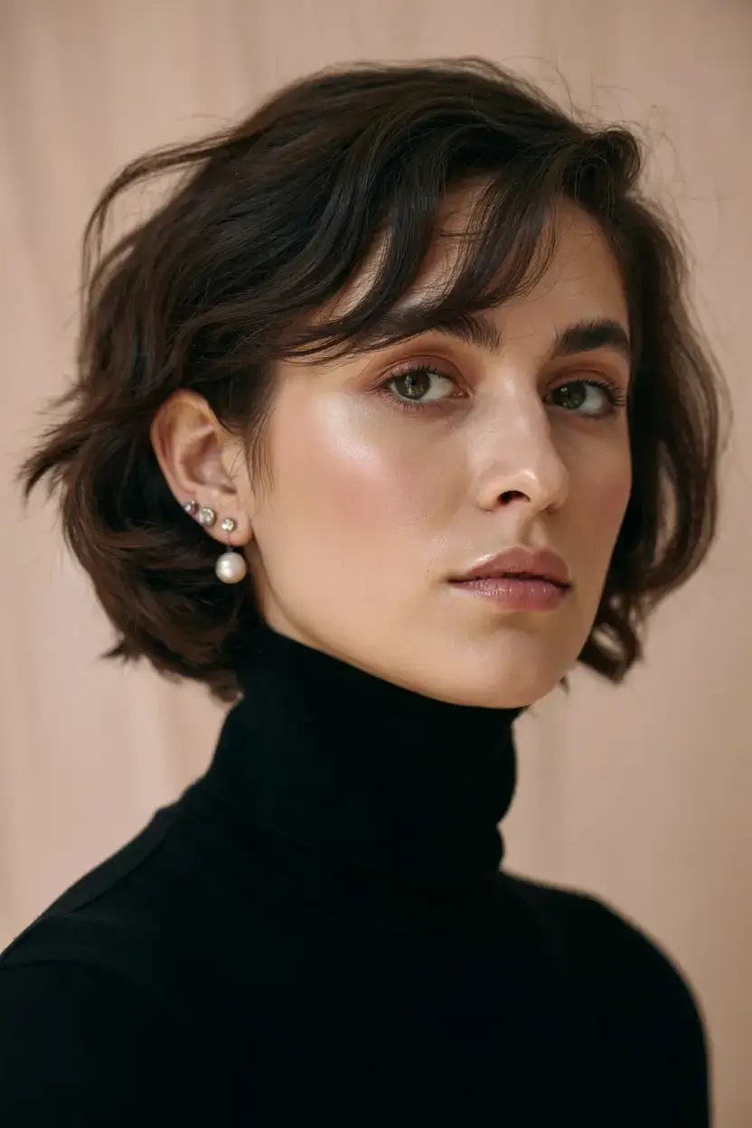 Short Haircuts Ideas 2026 Wavy Textured Bob with Side Sweep