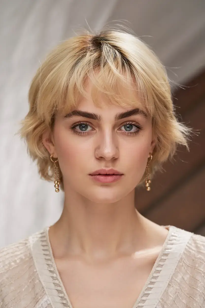 Short Haircuts Ideas 2026 Feathered Pixie with Baby Bangs