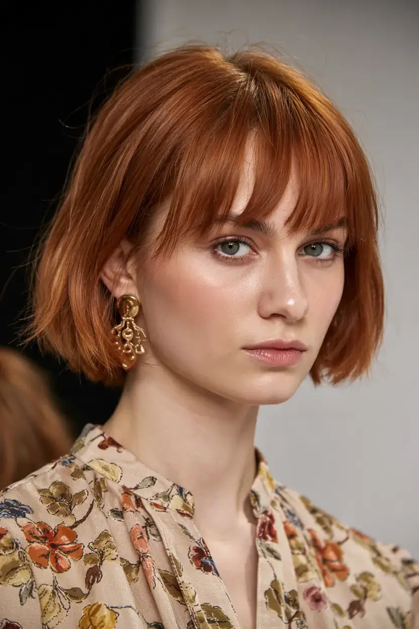 short hairstyles ideas 2026 Straight Ginger Bob with Blunt Bangs