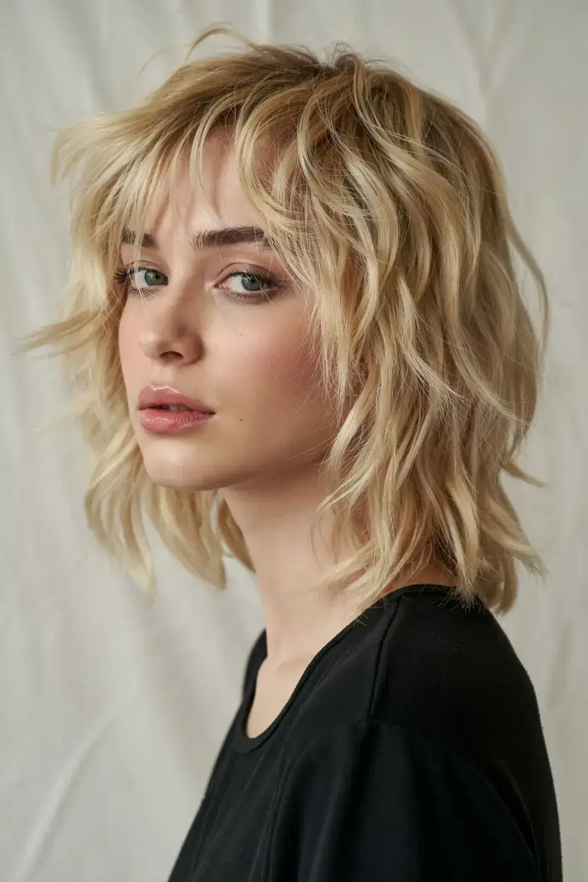 short hairstyles ideas 2026 Messy Blonde Shag with Choppy Bangs
