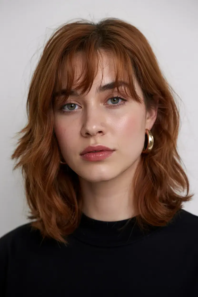 short hairstyles ideas 2026 Wavy Copper Lob with Curtain Bangs