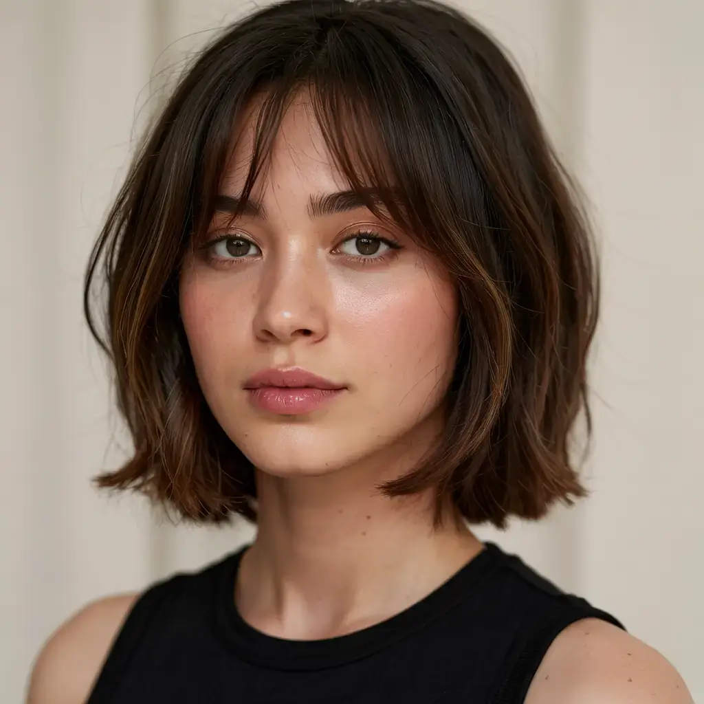 short hairstyles ideas 2026 Wavy Bob with Baby Bangs