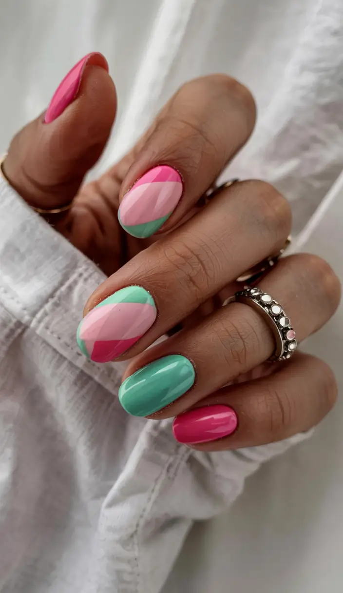 short nails 2026 Diagonal Color Blocking With a Sorbet Twist