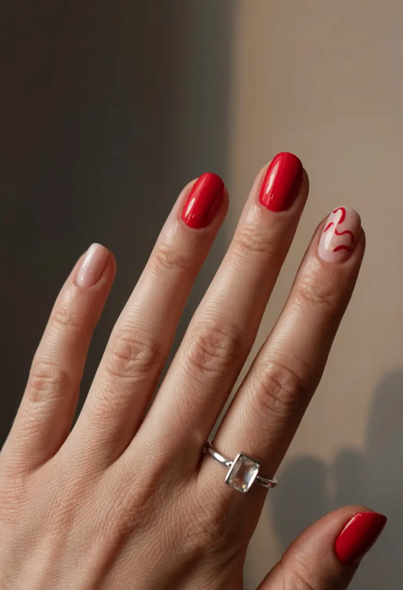 short nails 2026 Power Reds With a Quirky Accent