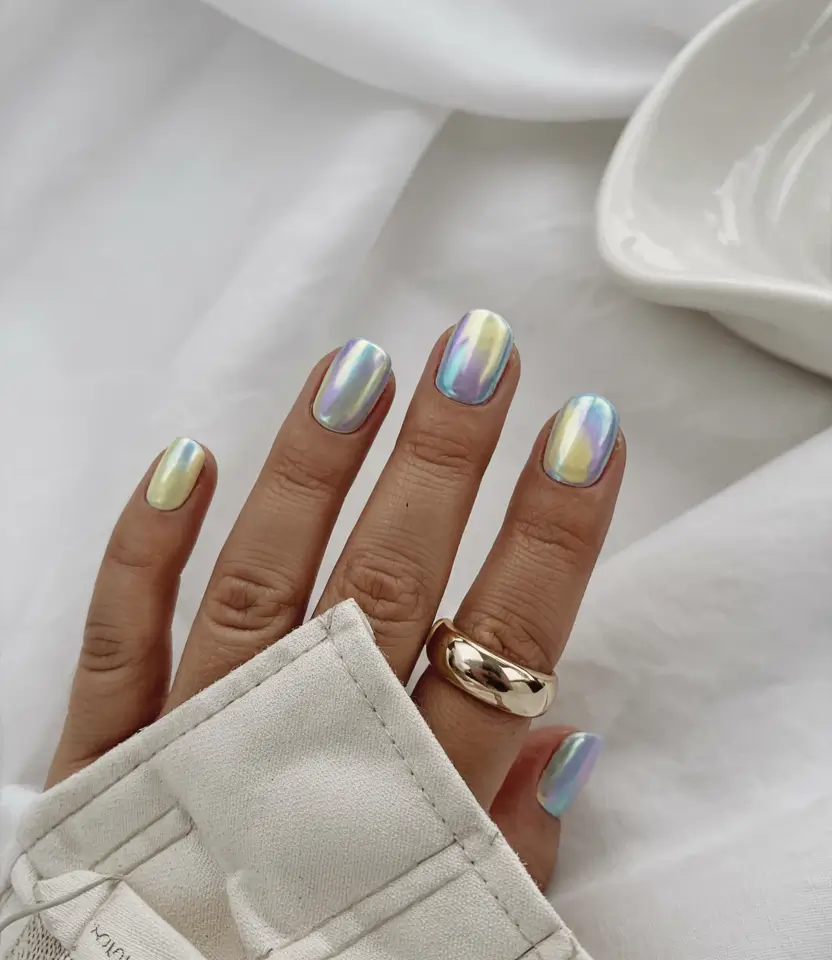 short nails 2026 Holographic Glass With a Galactic Glow