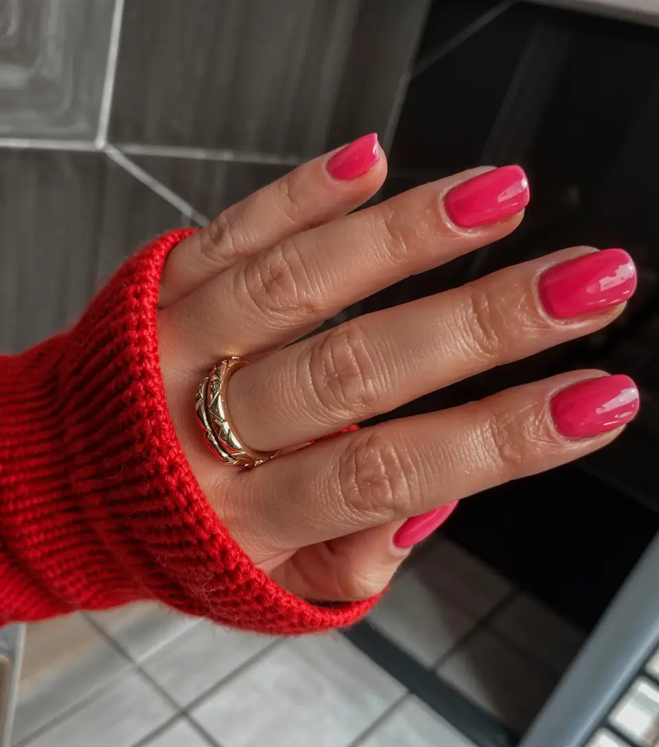 short nails 2026 Hot Raspberry With a Mirror-Gloss Finish
