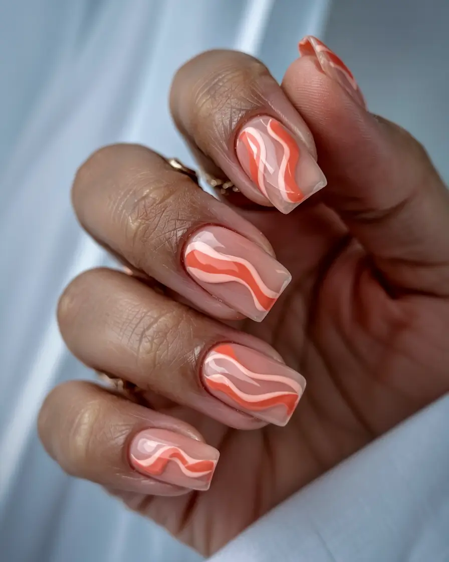short nails 2026 Sunset Squiggles in Peach and Coral