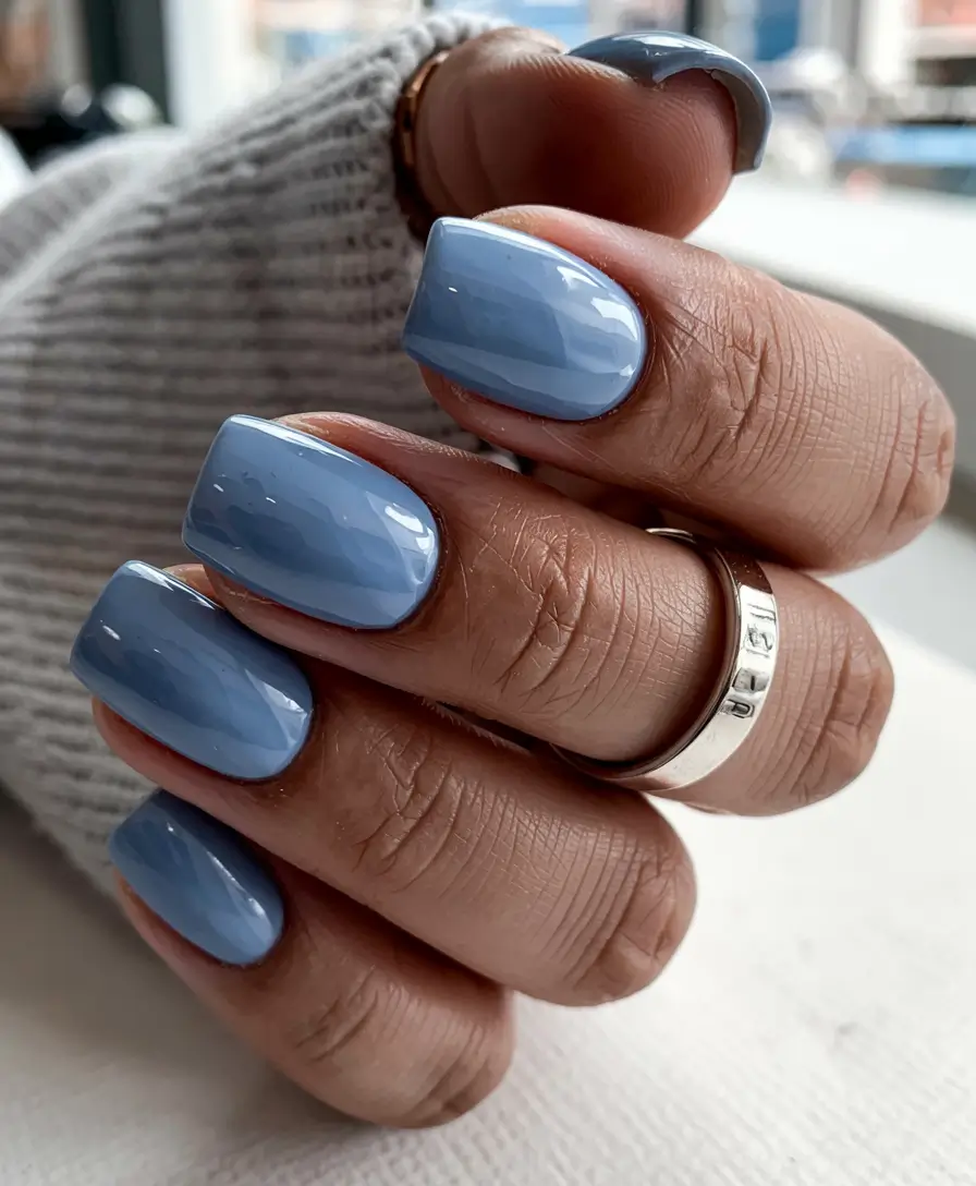 short nails 2026 Misty Blue With Softened Shine