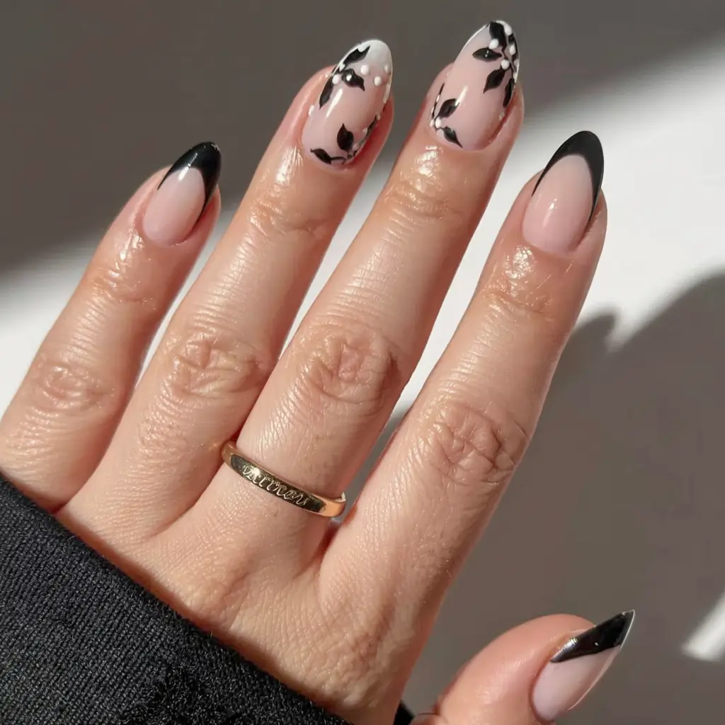 short nails 2026 Parisian Noir With a Floral Flick