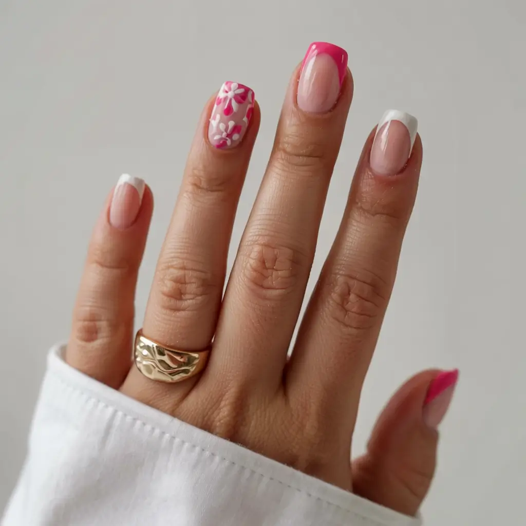 short nails 2026 Floral French With a Pink Playbook
