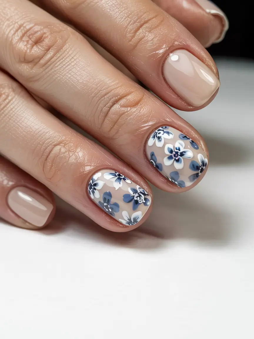 short nails 2026 Blue Blooms on a Sheer Canvas