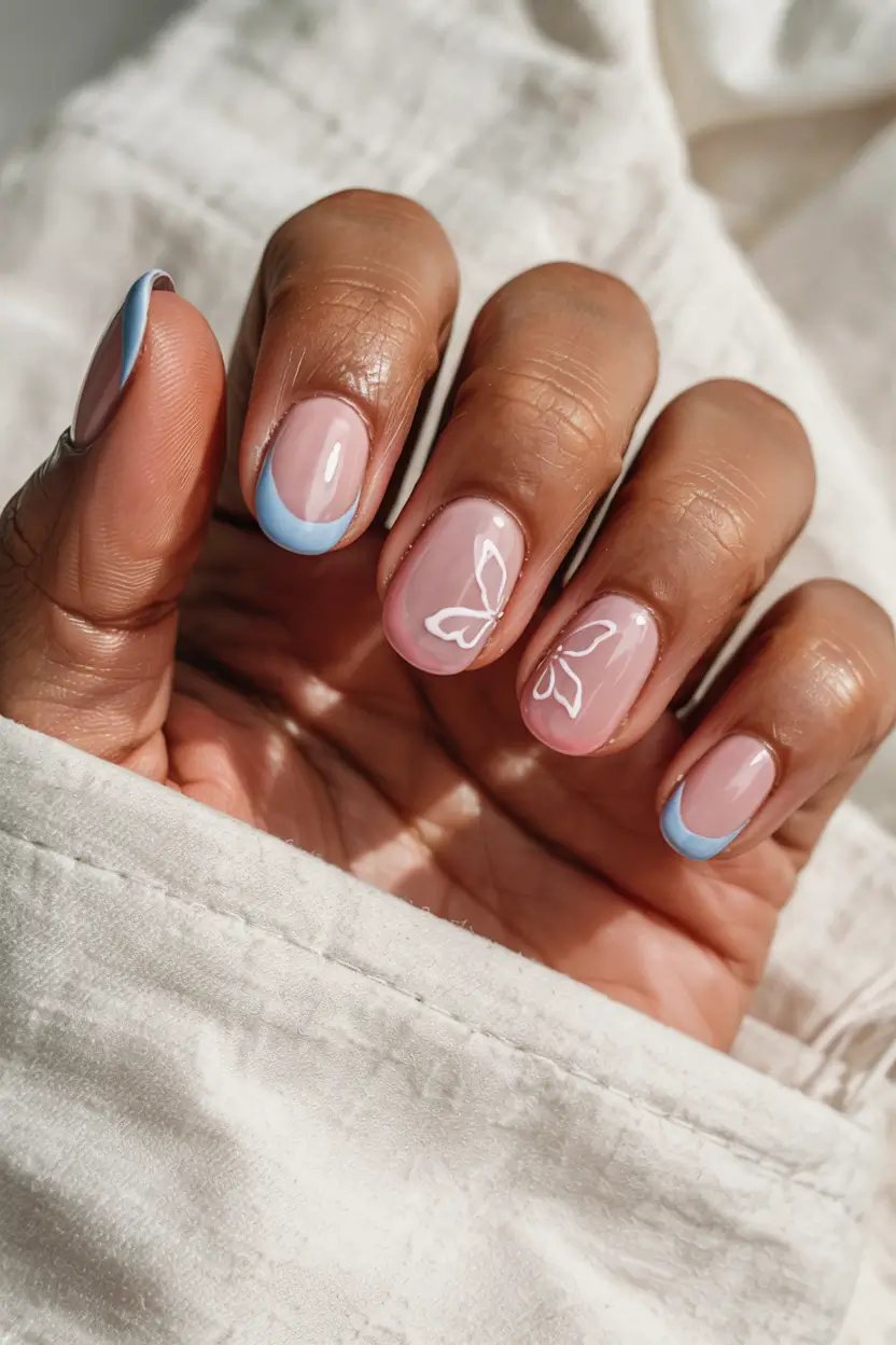 short nails 2026 Butterfly French With Baby Blues