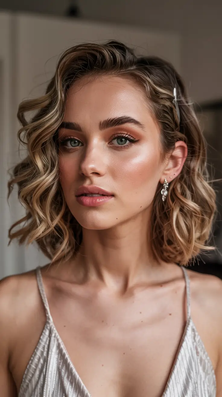 side part hairstyle 2026 Wavy Bob with Tucked-Side Glam