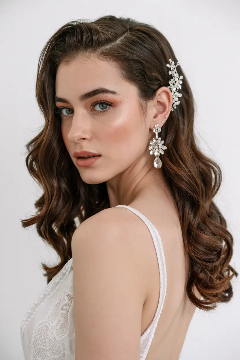 side part hairstyle 2026 Glossed Curls with Delicate Crystal Accent