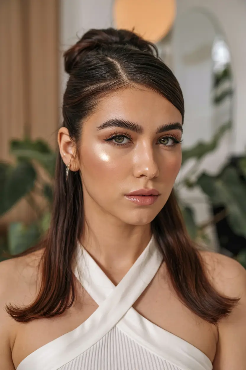 side part hairstyle 2026 Half-Up Sleekness with a Softened Side Part