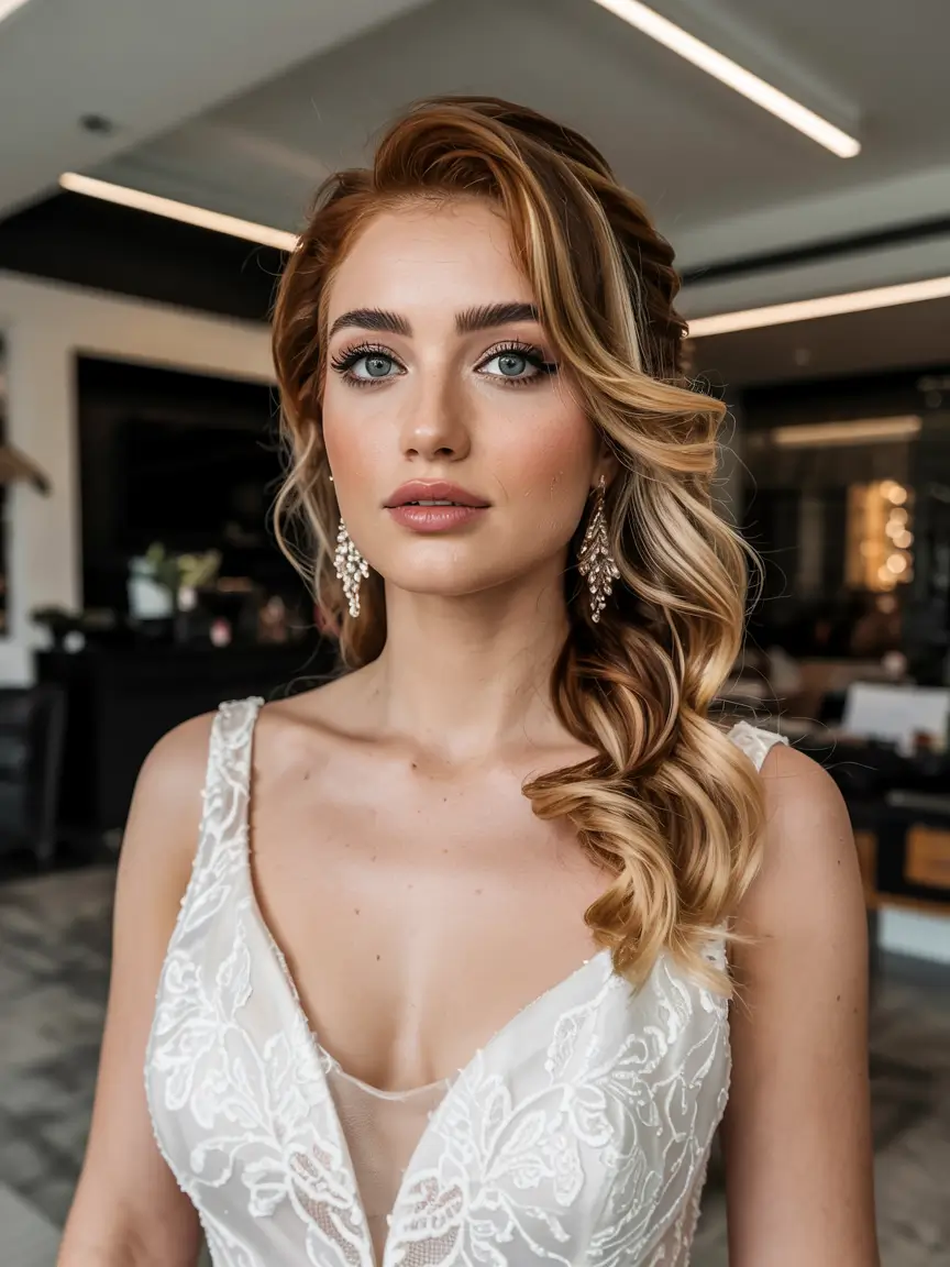 side part hairstyle 2026 Blonde Luxe Waves with Bridal Drama