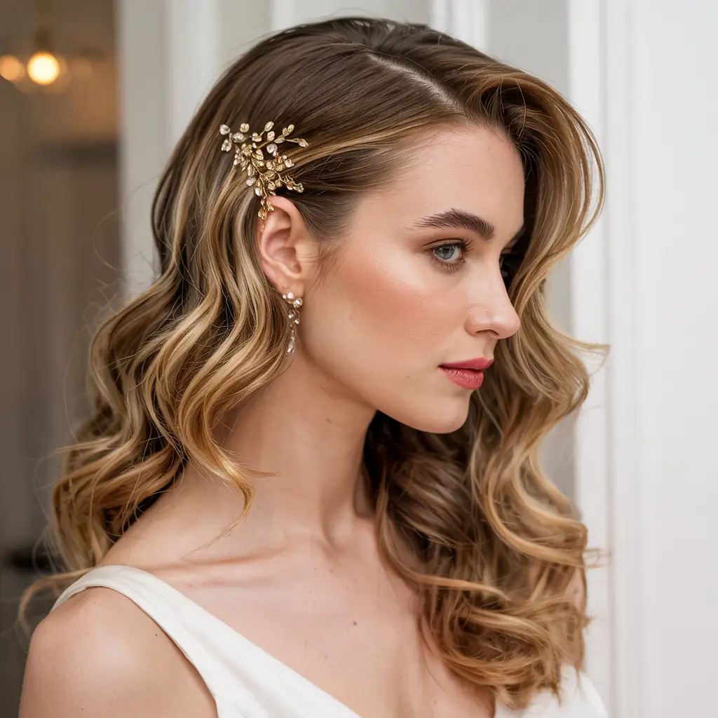 side part hairstyle 2026 Romantic Gold Waves with Ornamental Detail