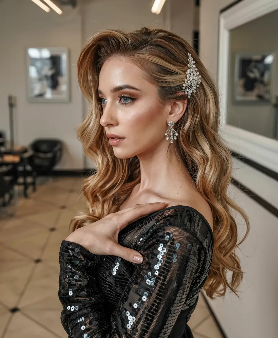 side part hairstyle 2026 Sculpted Mermaid Waves with Metallic Accents