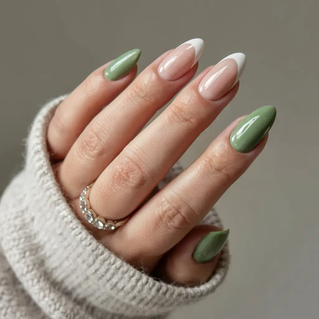 simple nails 2026 Two-Tone Elegance in Green and White