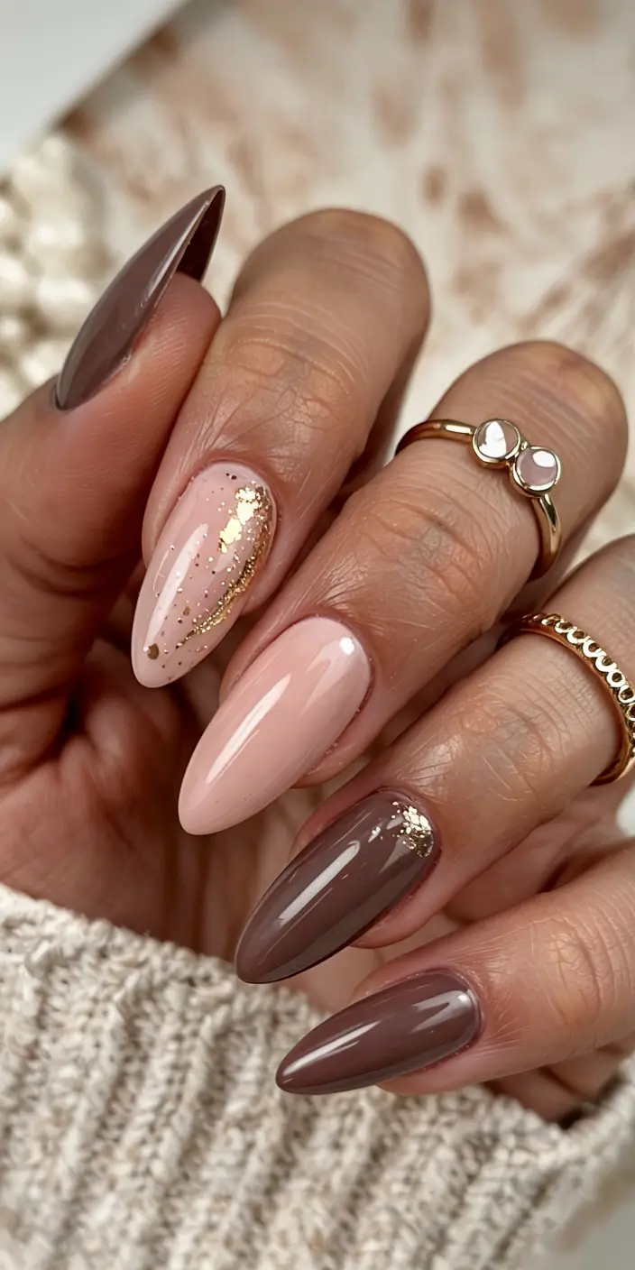 simple nails 2026 Latte Layers With Gold Leaf Accents