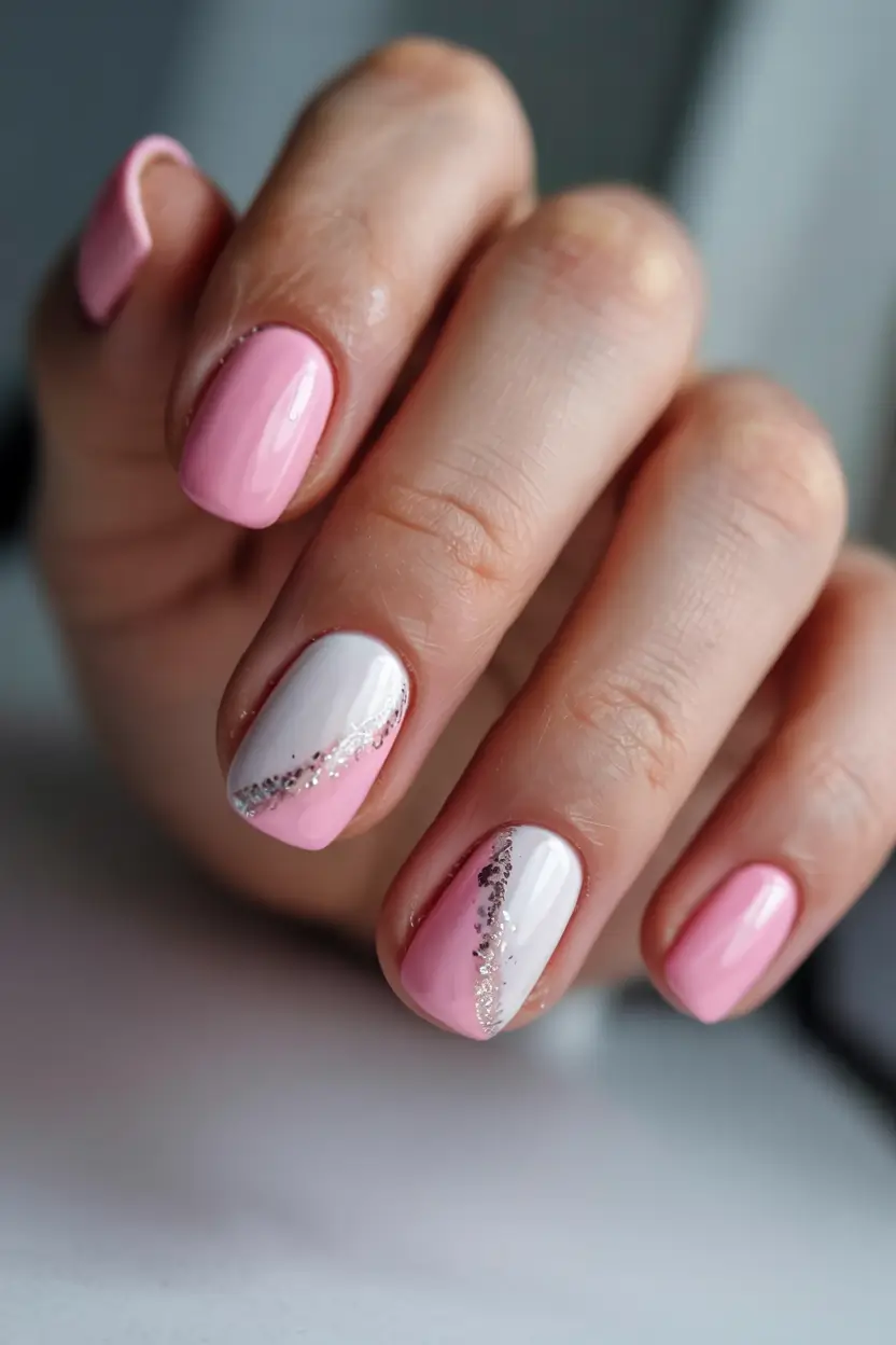 simple nails 2026 Pink and White with a Sparkle Stripe