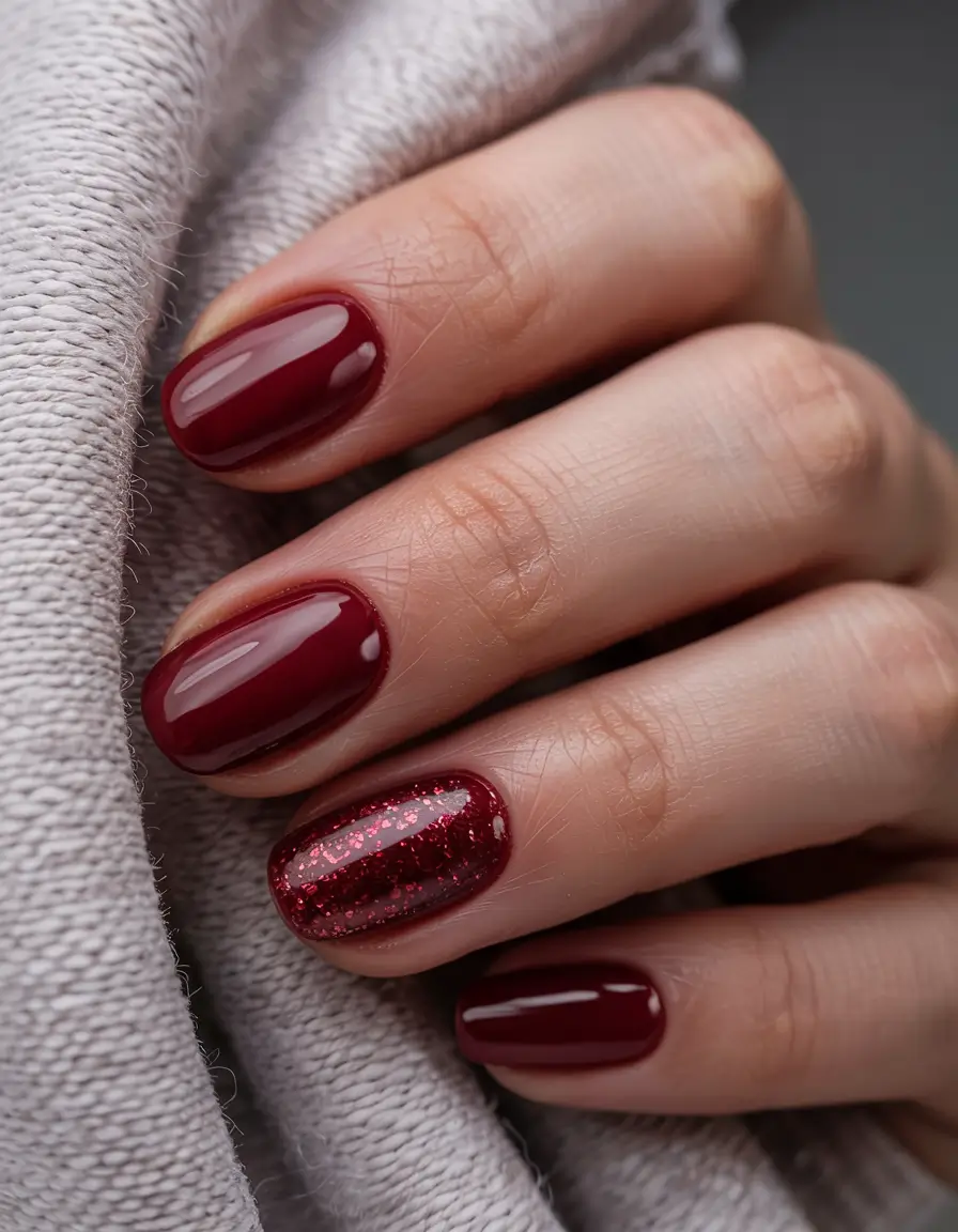 simple nails 2026 Cherry Red With a Glittered Twist