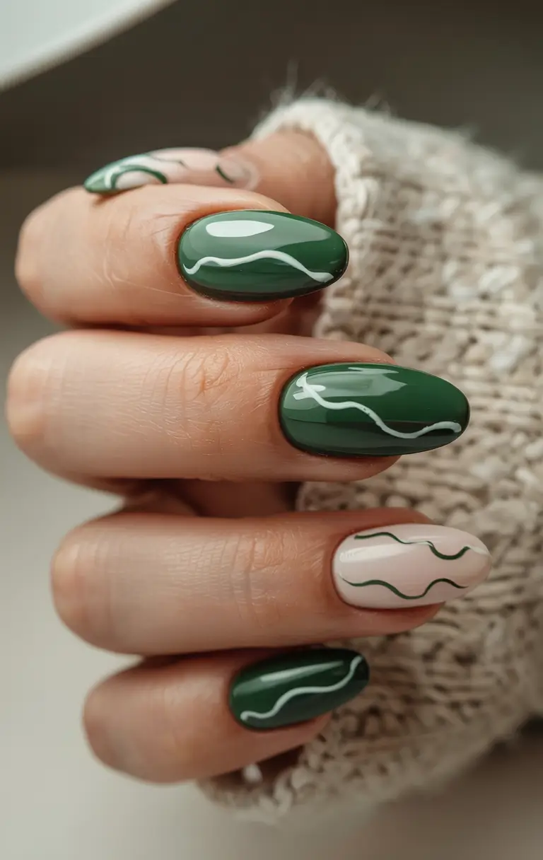 simple nails 2026 Forest Green With Abstract Line Art