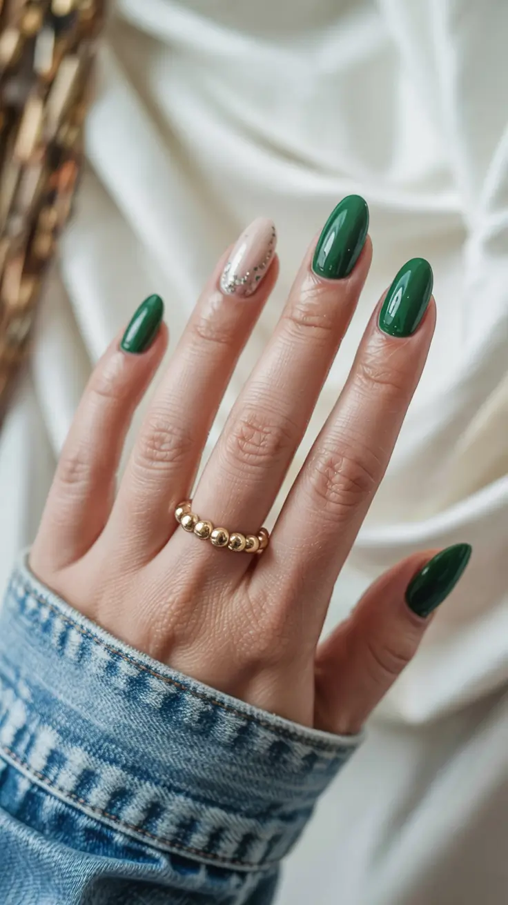 simple nails 2026 Emerald Shine With Glitter Accent
