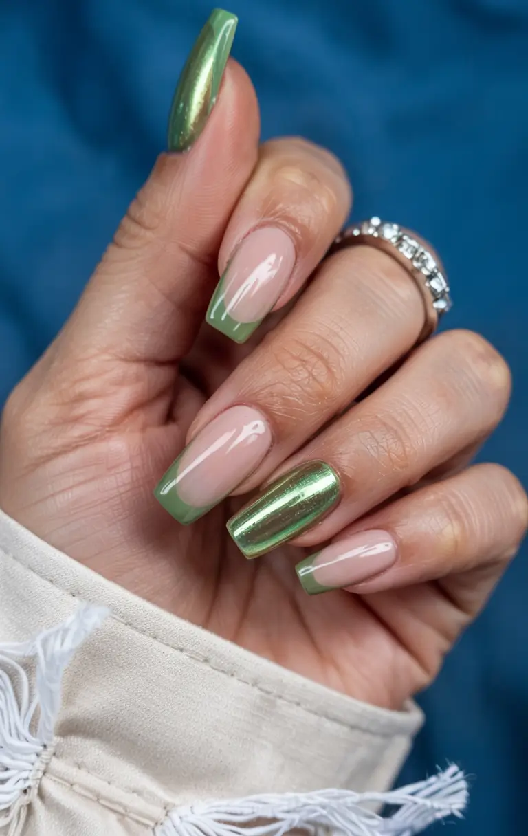 square nails 2026 Fresh Greens with Chrome Daydreams