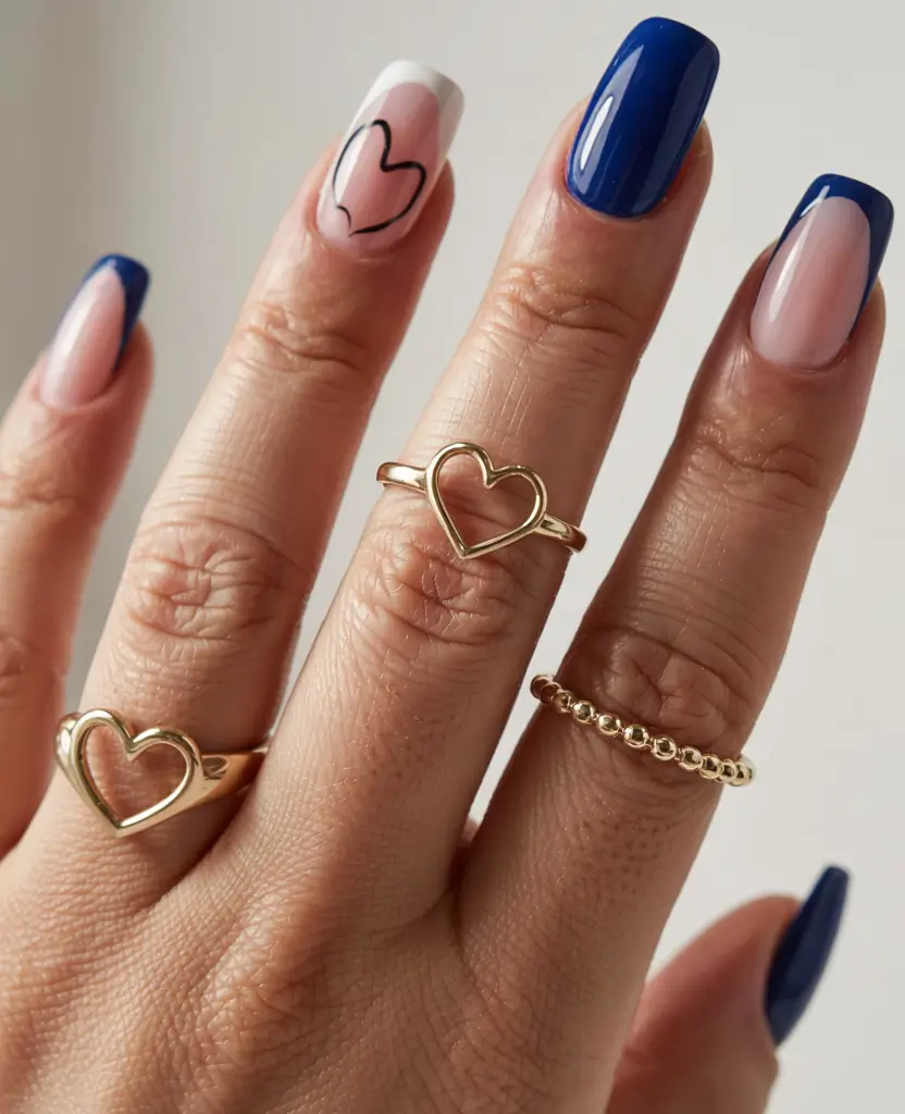 square nails 2026 Royal Blue + Hearts = Regal but Playful