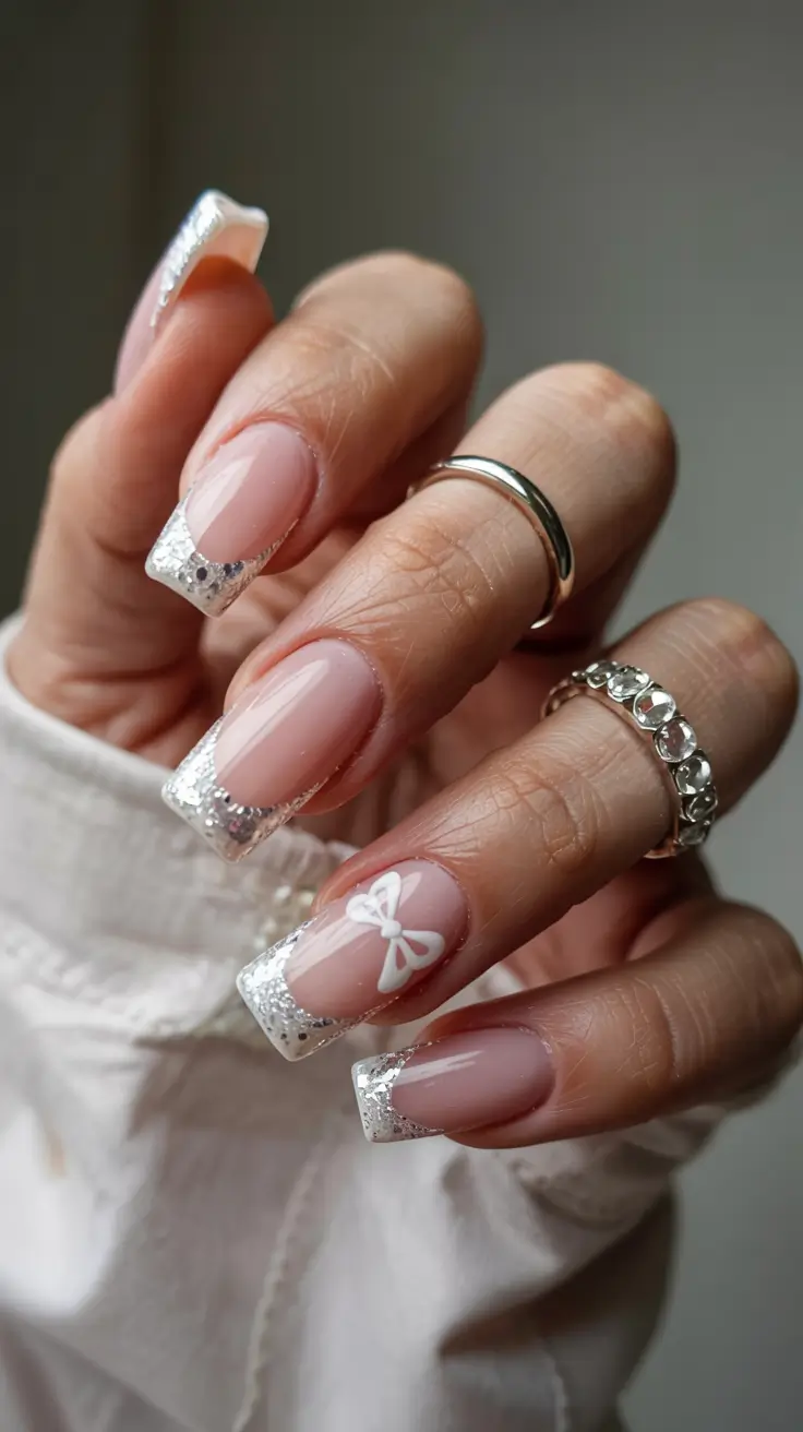 square nails 2026 Silver French with a Bow-Tie Surprise