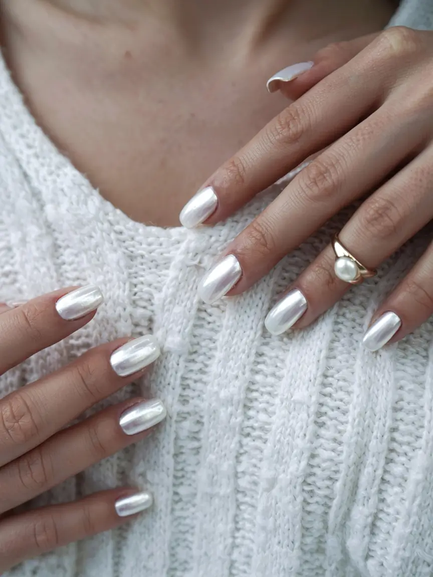 square nails 2026 Futuristic Pearl That Feels Like Morning Frost