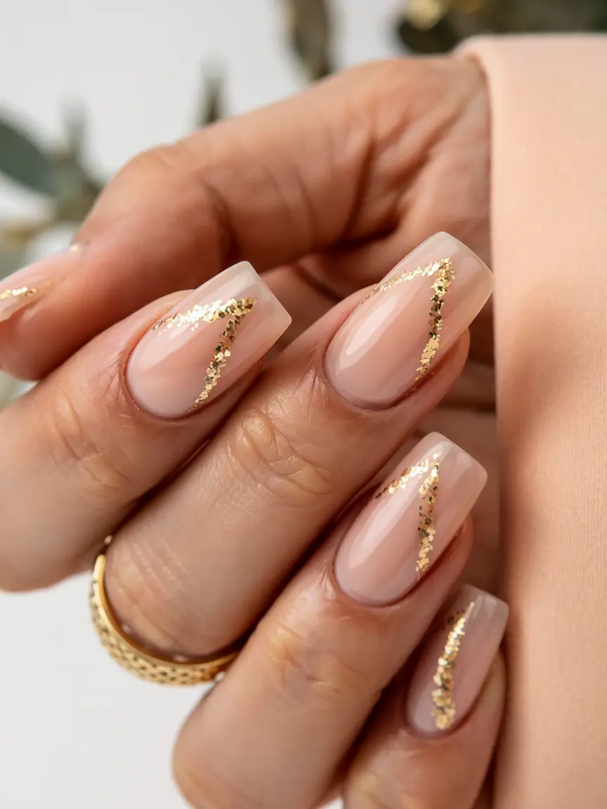 square nails 2026 Golden Slashes on a Nude Canvas