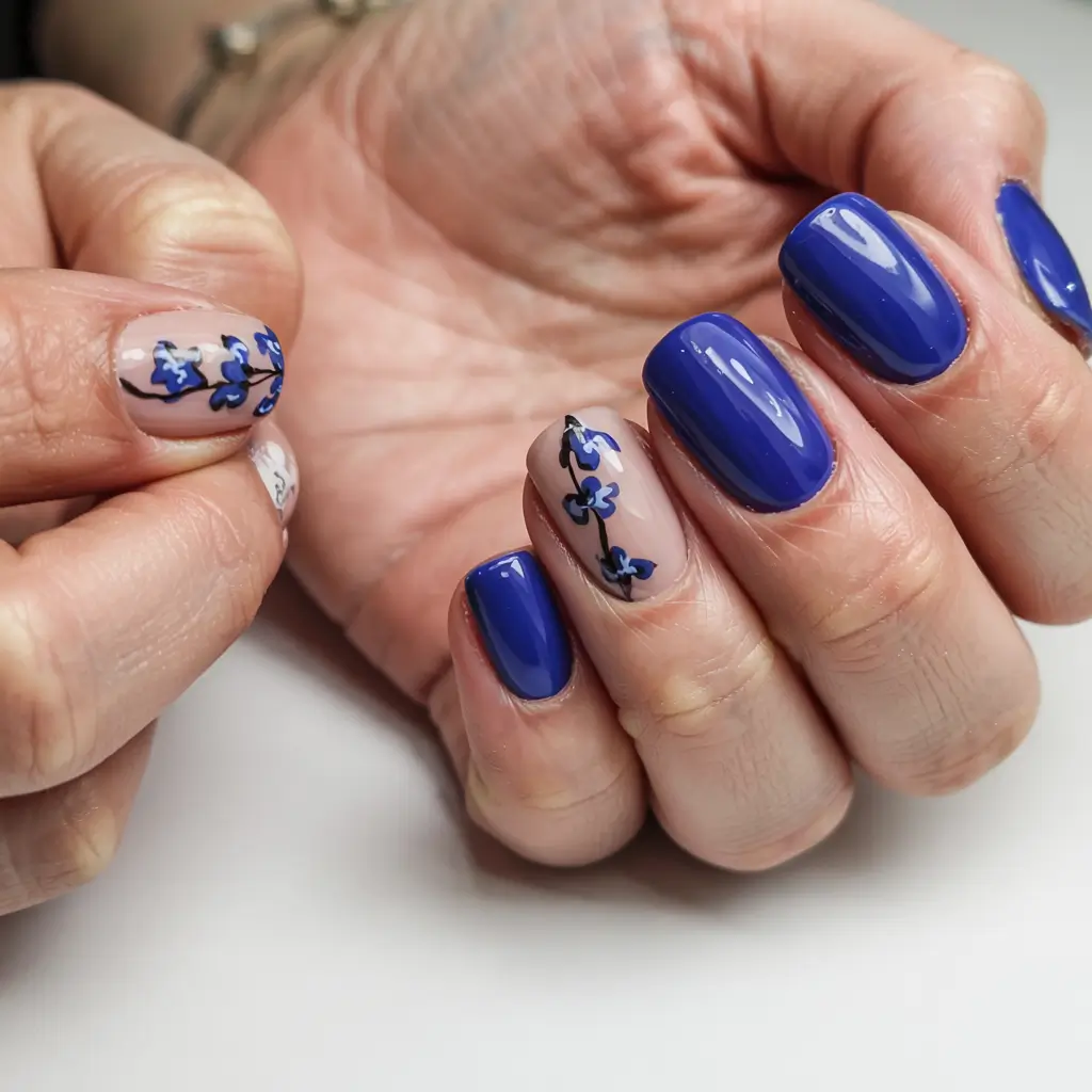 square nails 2026 Bold Blue with Botanical Drama