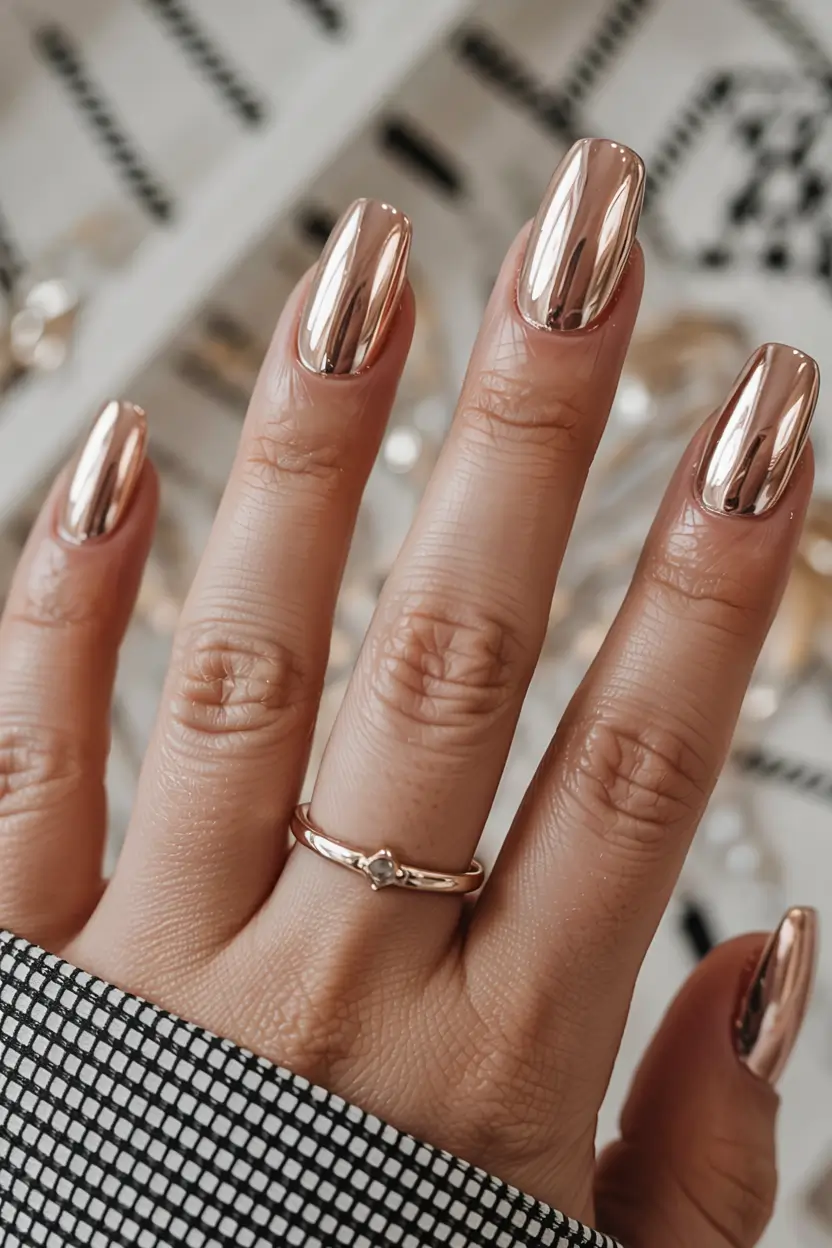square nails 2026 Golden Hour Chrome in Rose Gold