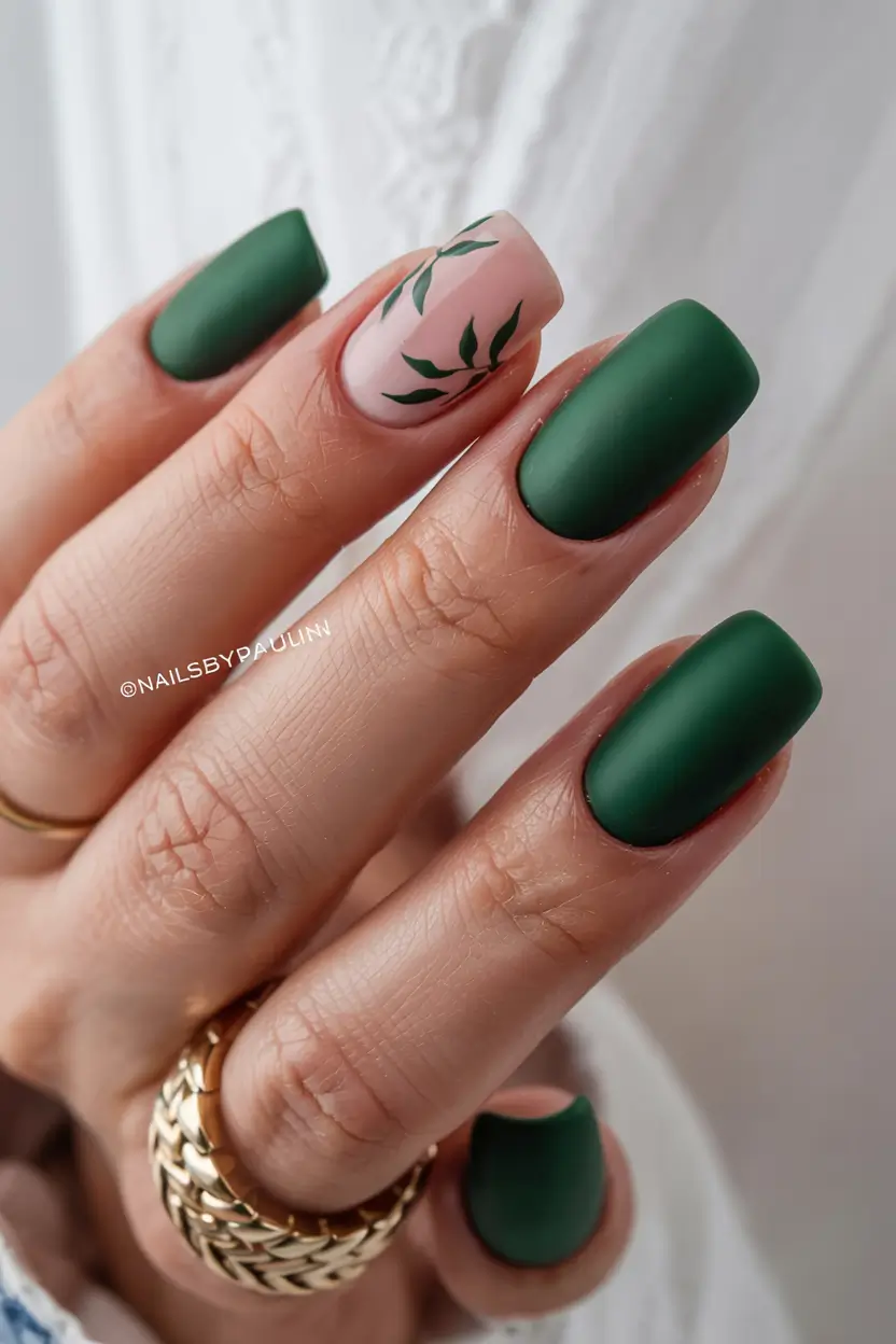 square nails 2026 Matte Forest Green with Botanical Accent