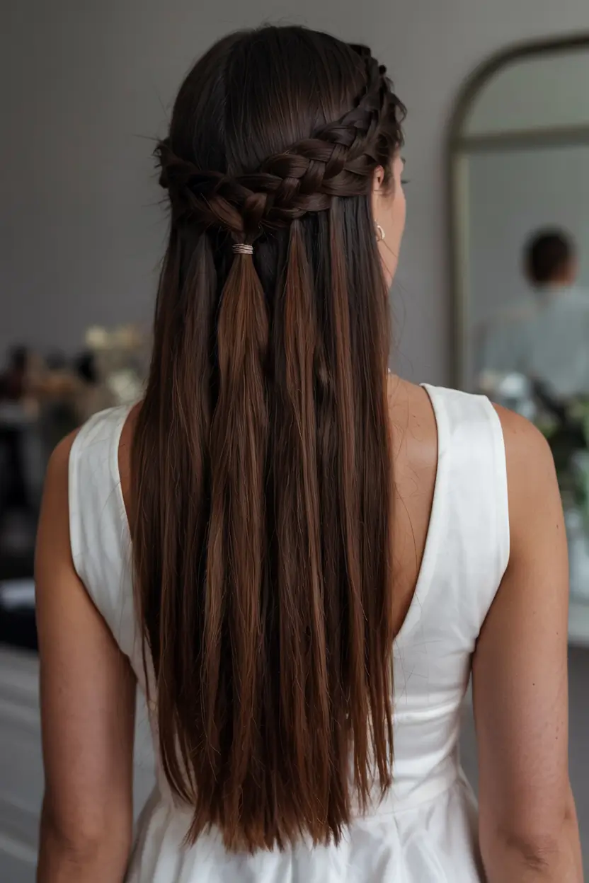 straight hairstyle 2026 Braided Crown Half-Up on Sleek Backdrop