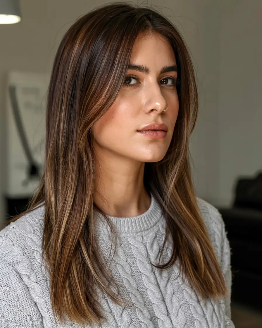 straight hairstyle 2026 Soft Ashy Brunette with Long Curtain Layers