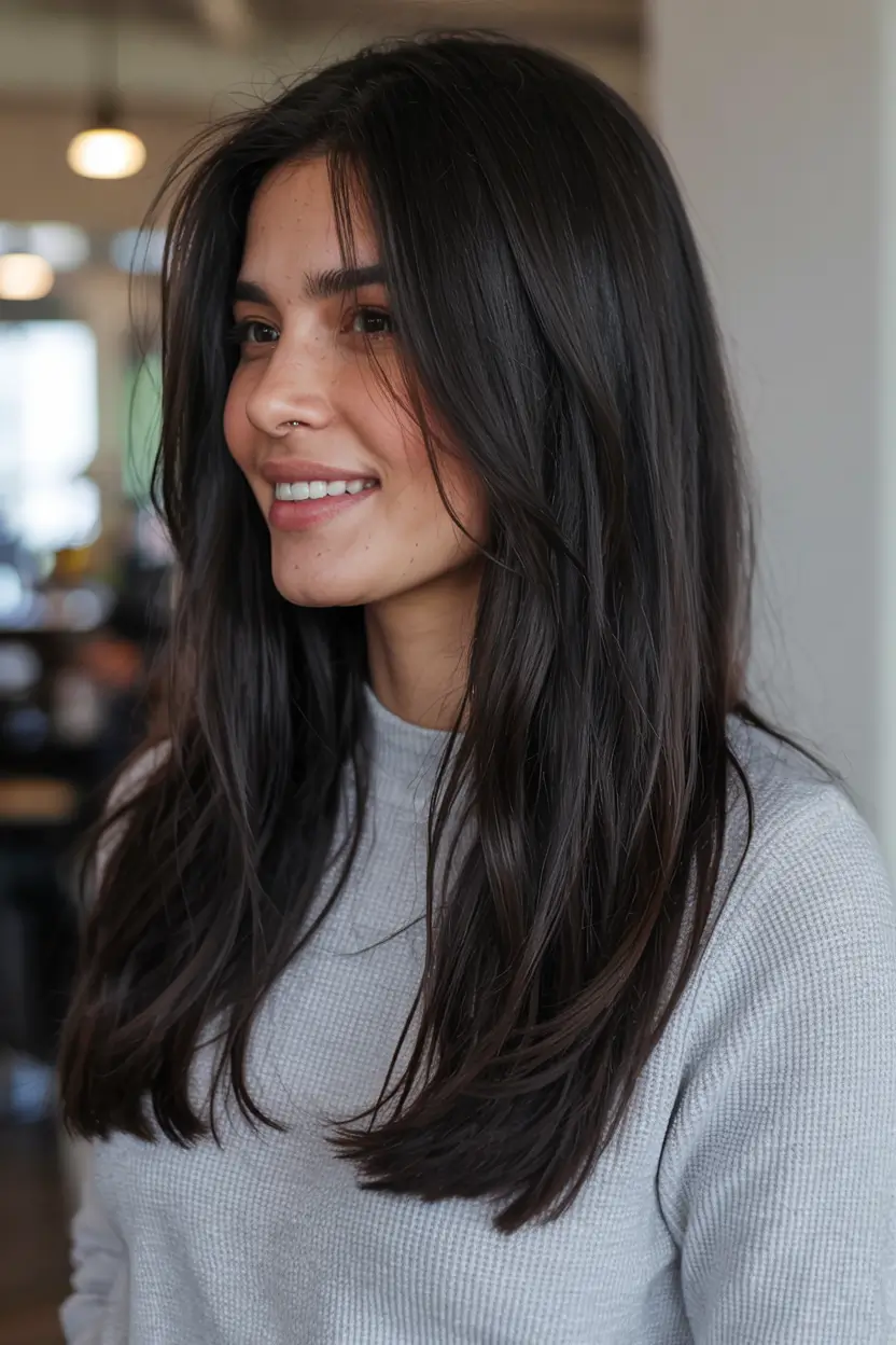 straight hairstyle 2026 Long-Layered Black Coffee Waves