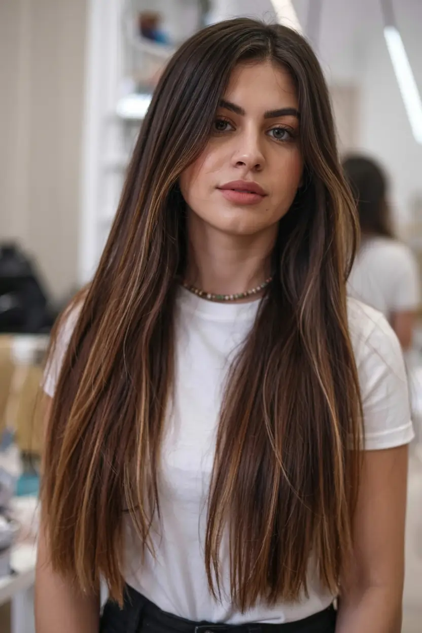 straight hairstyle 2026 Dark Brunette Layers with Delicate Balayage