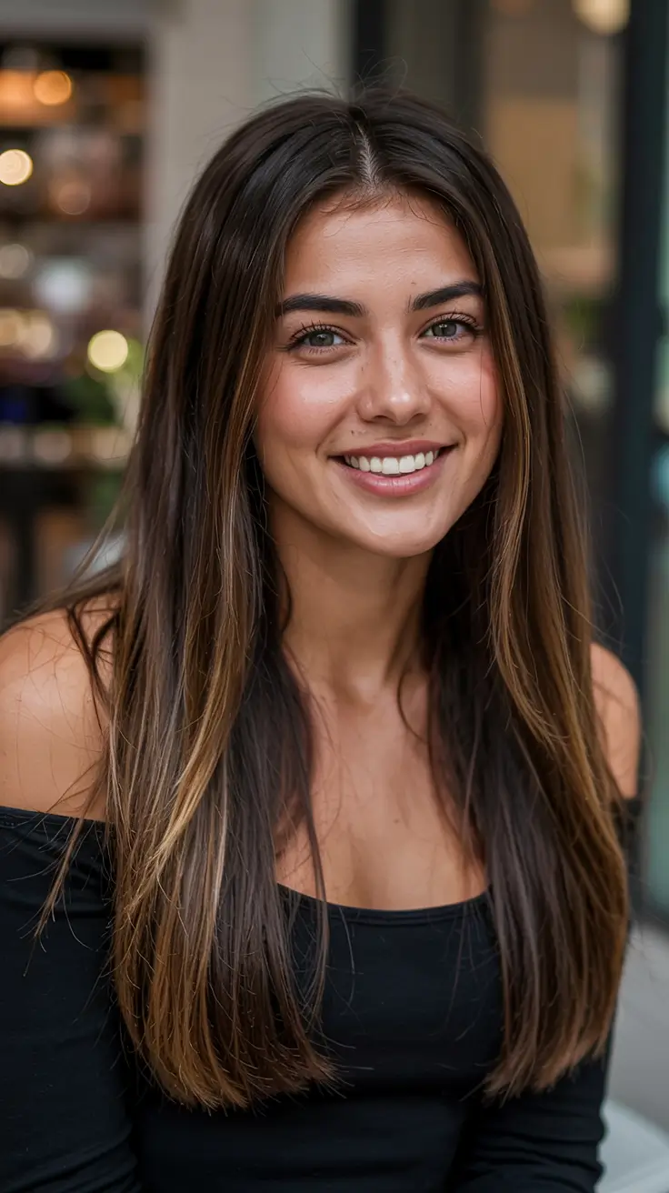 straight hairstyle 2026 Warm Brunette Blowout with Honey Ribbons