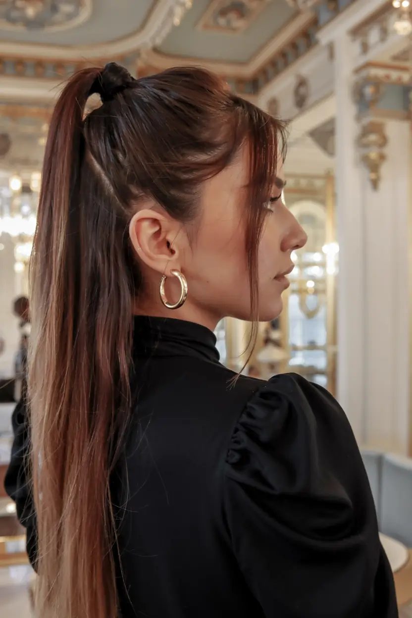 straight hairstyle 2026 Polished Half-Up Pony with Draped Bangs