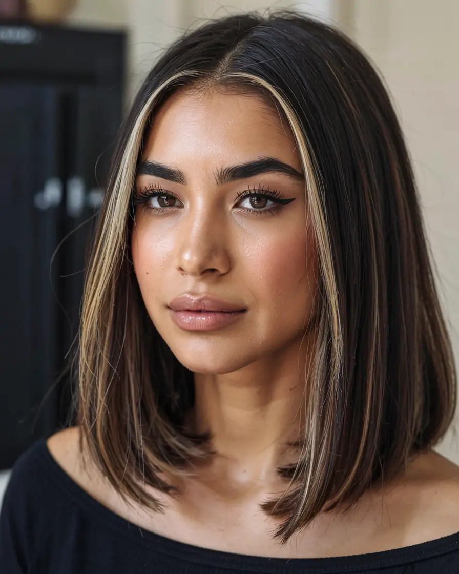 straight hairstyle 2026 Blunt Mid-Length Bob with High-Contrast Highlights