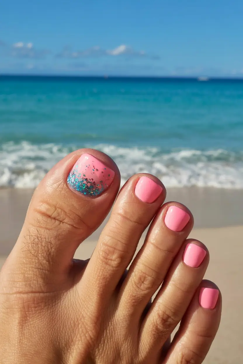 toe nails 2026 Bubblegum Pink With Ocean Sparkle